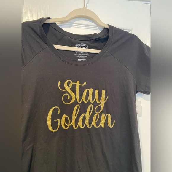 NWT Golden Nugget Size M Stay Golden Glitter Print Black Short Sleeve Tee Shirt - Picture 2 of 10